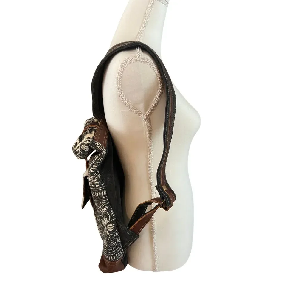 Myra Bag Cowhide Leather Canvas Backpack Brown Ivory Gray Multi Pocket